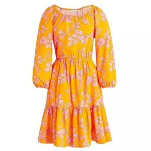 J. Crew Puff Sleeve Floral Pink/Orange Scoop Neck Dress Size 14